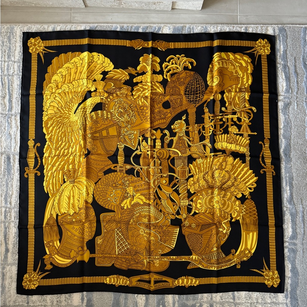 Hermes Black and Gold Silk Scarf “Armets en Panache” Gold Calvary Helmet Design